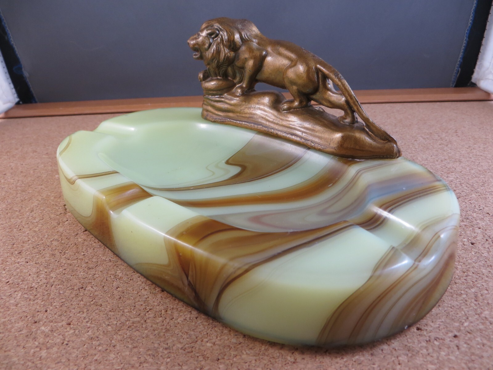 Antique Art Deco Gold Enamel Metal Lion Figurine Swirl Stripe Slag Glass Ashtray