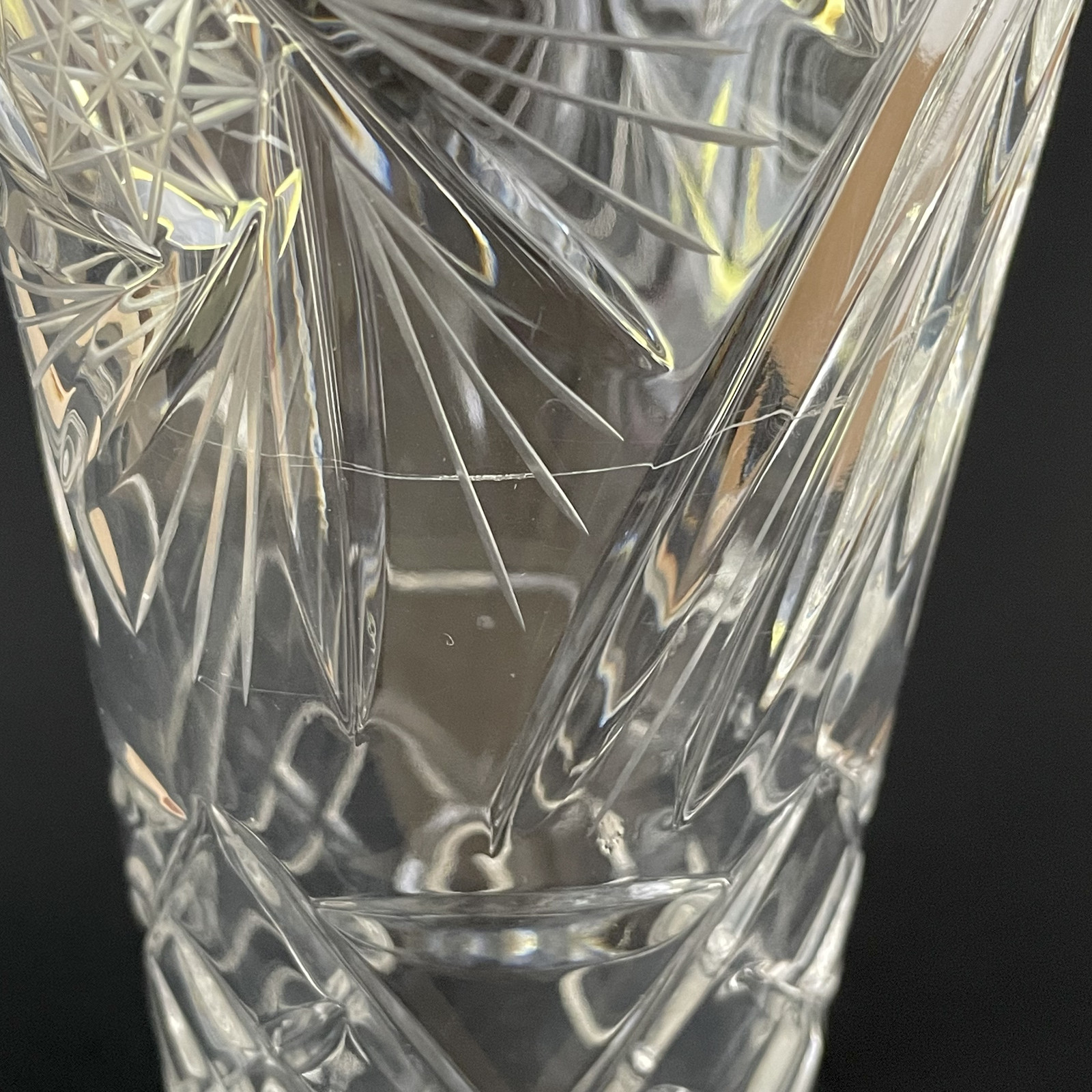 Vintage Cut Crystal Trumpet Vase 11″ Clear Starburst Pinwheel Etched Star Heavy