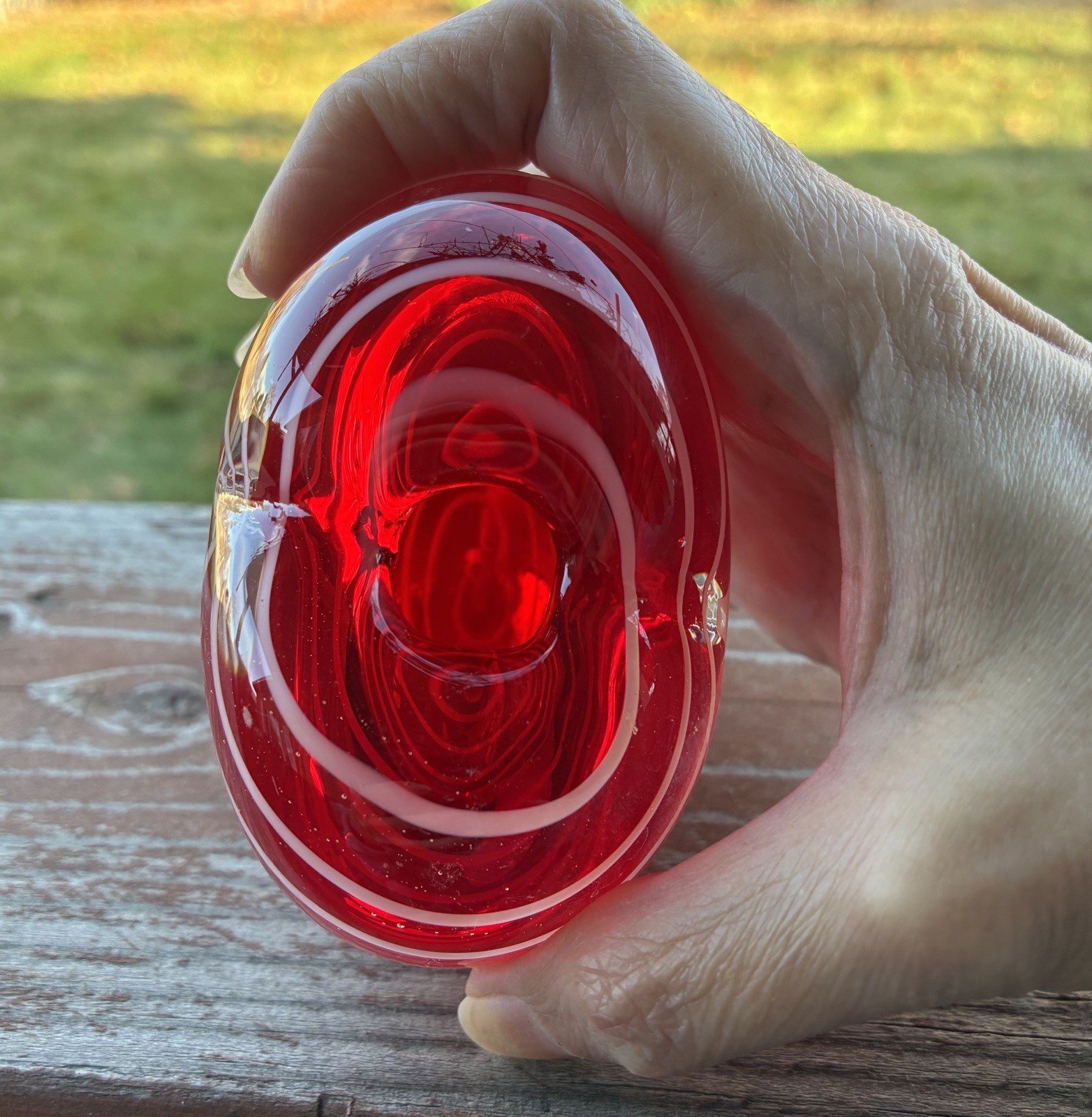 Art Glass Heart Shaped Bud Vase Paperweight Red White Swirls Stripes Handblown