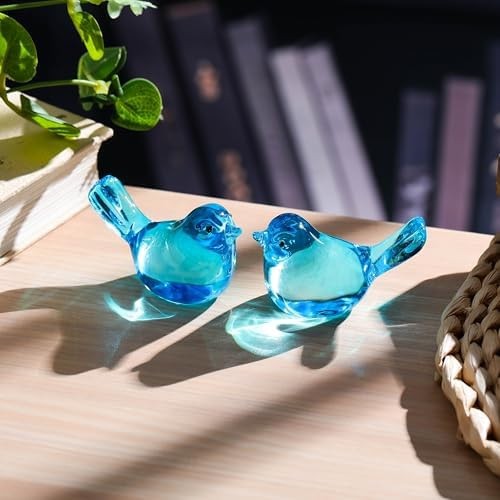 Qianwei 2pcs Blue Glass Birds Figurine Handmade Blown Crystal Home Decor | Cr…