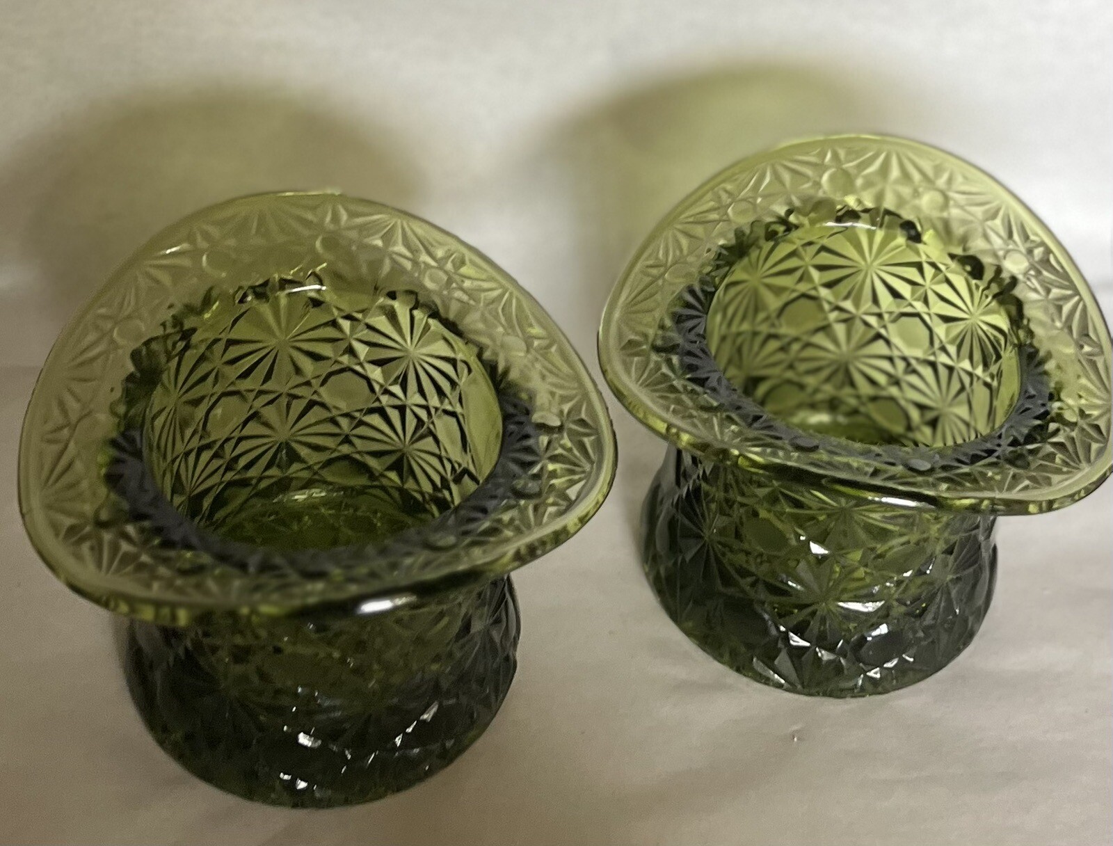 2 Retro Fenton Glass Daisy Button Colonial Green Olive Top Hats MCM Dish LARGE