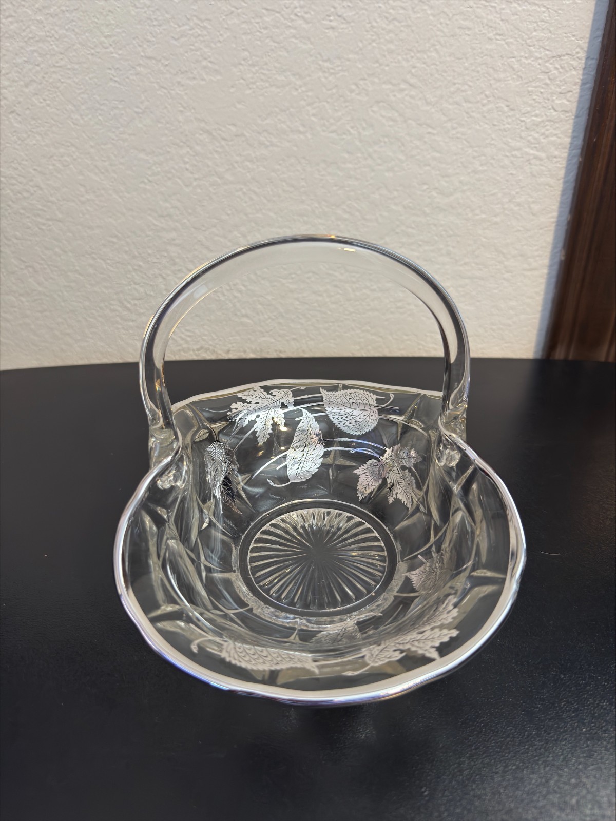 Vintage Cut Crystal Basket Silver Overlay Leaf Design Starburst Base Mid-Century