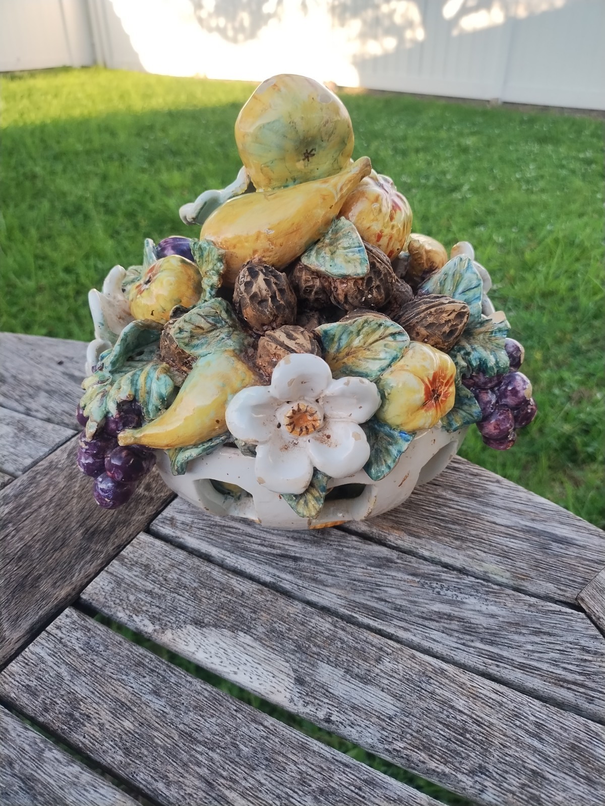 VINTAGE FRENCH BARBOTINE MAJOLICA POTTERY FRUIT AND WALNUTS BASKET CENTERPIECE