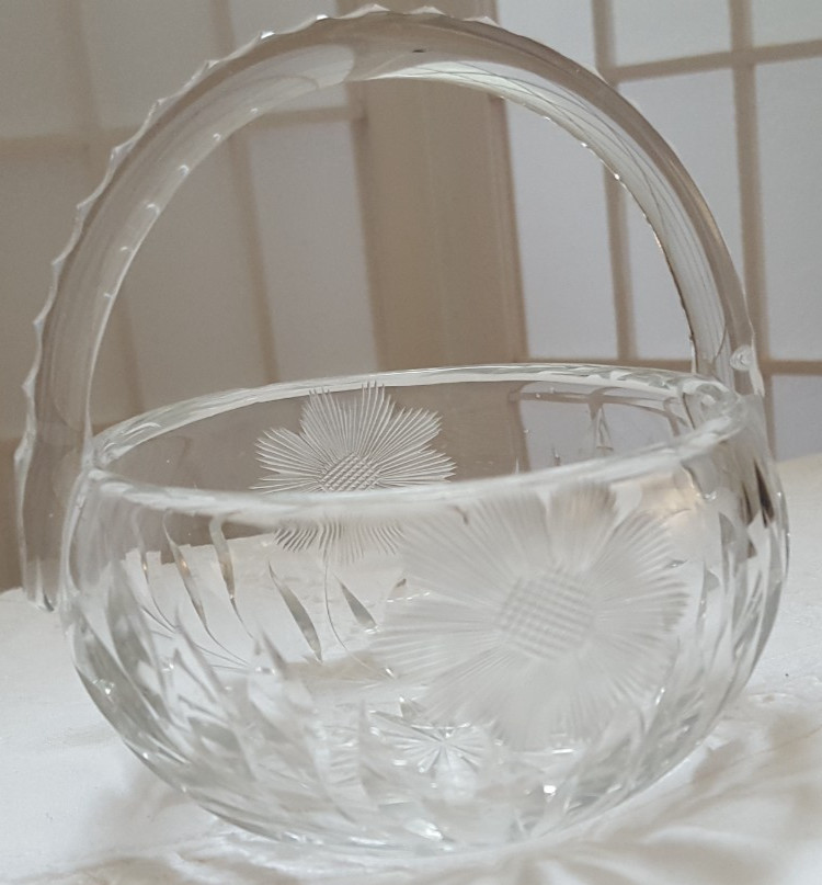 Vintage Duncan and Miller Crystal Basket Wheel Cut Handle Etched Glass
