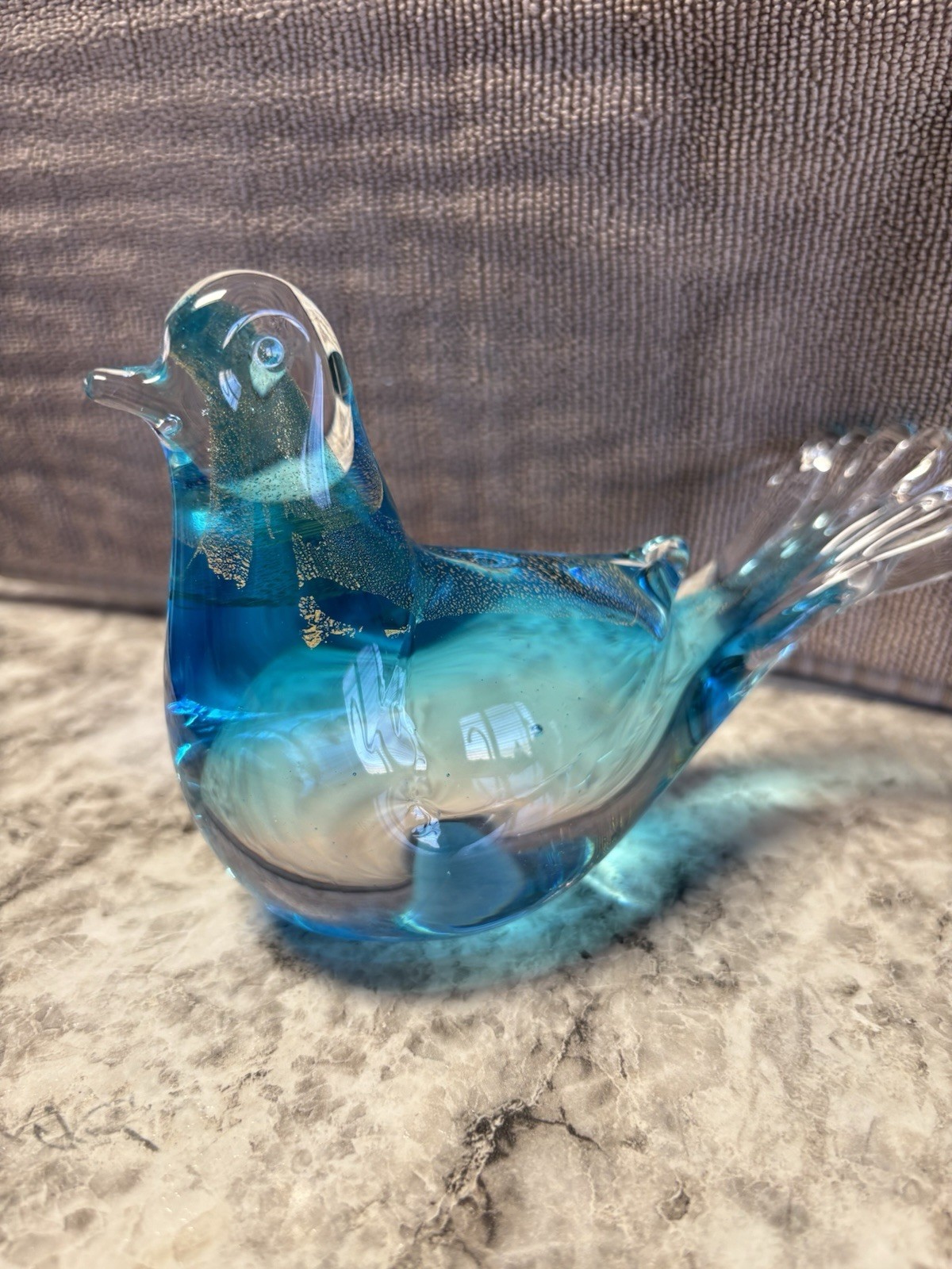 Clear and blue glass bird figure with gold flakes inside #B11