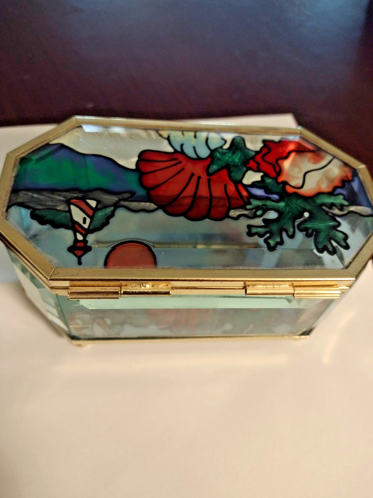 Stained Glass Brass Rim Footed Trinket Box Lighthouse Sea Waterfront Scenery