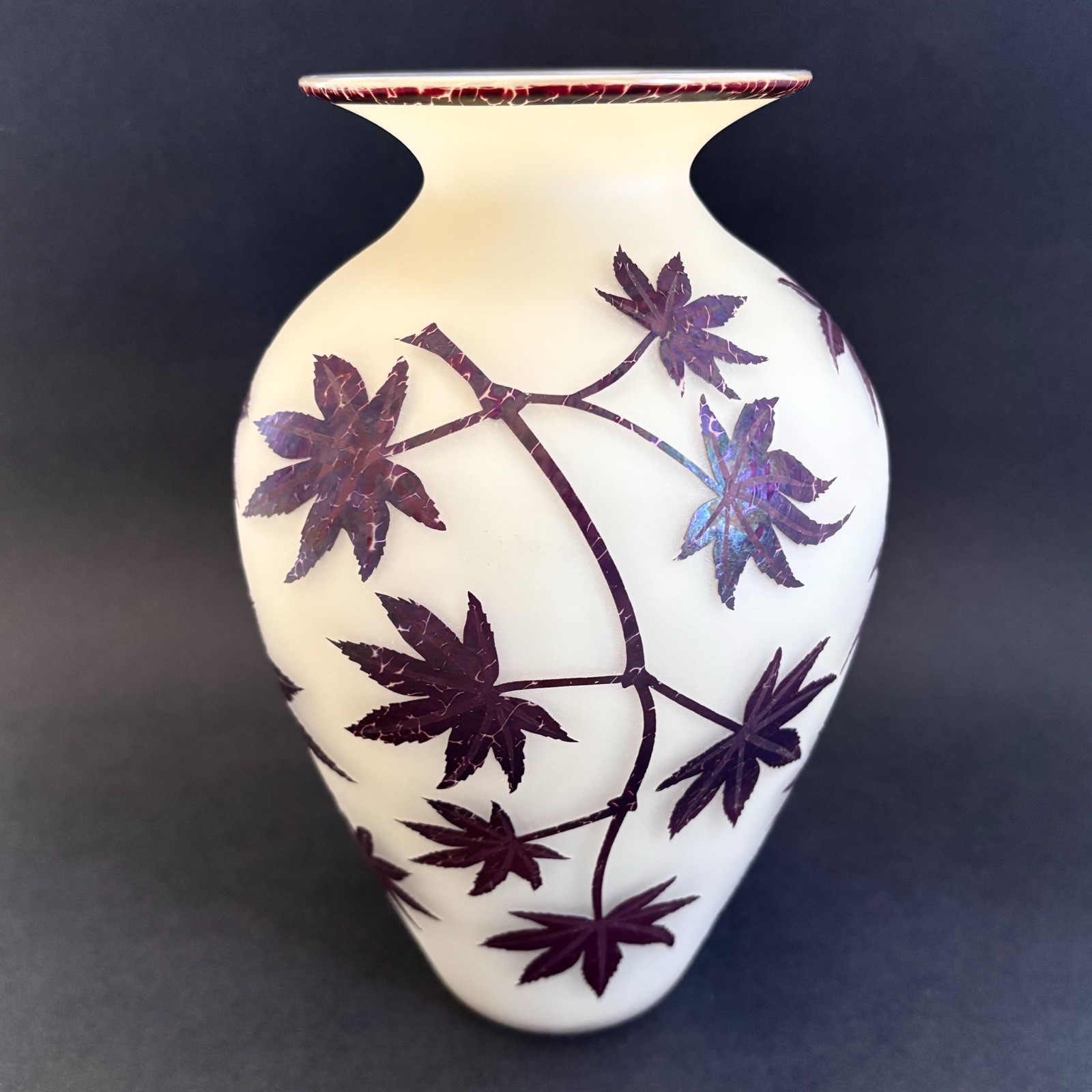 Phyllis Polito Art Glass Vase 9” Leaves Cameo Iridescent Zellique Studio