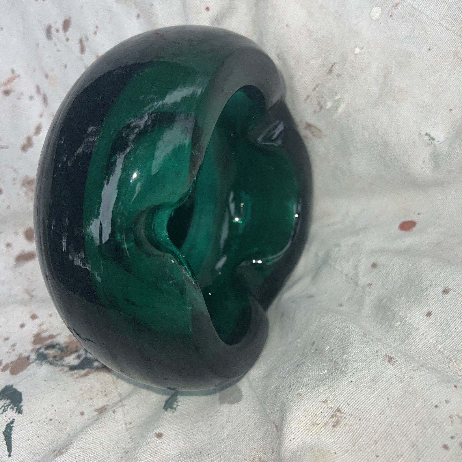 Vintage 60’s Emerald Green Blown Glass Ashtray Murano Style Orb MCM 4lbs 4.5ozs