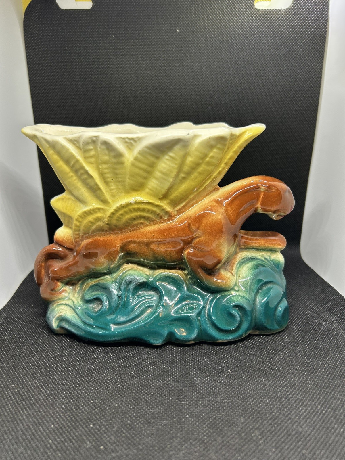 Art Deco Flower Planter, Brown Panther, Yellow Bloom, Vintage.