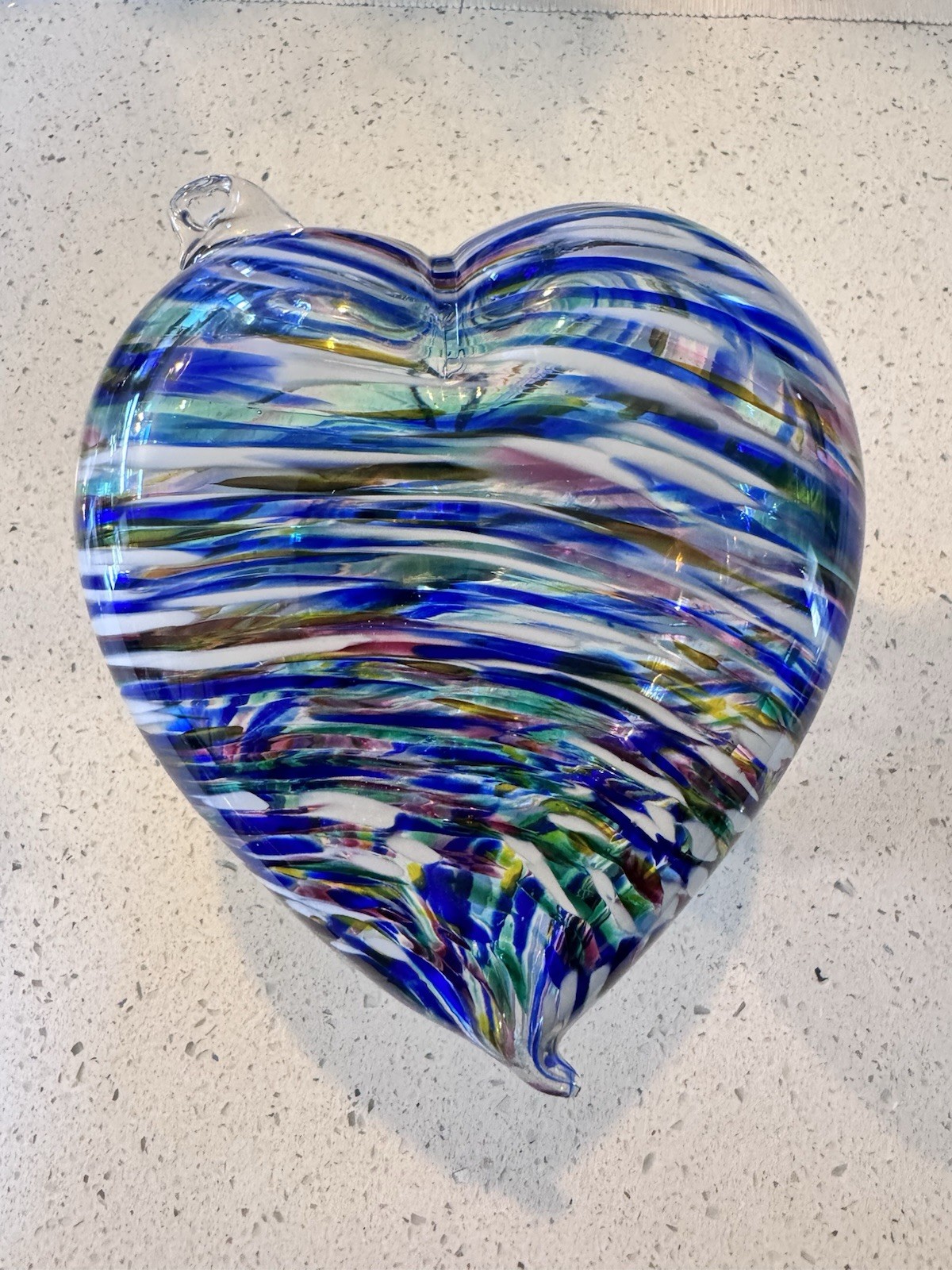 Large Hand Blown Studio Art Glass Heart Blue White Multicolor 7” x 6” 2.5 lbs