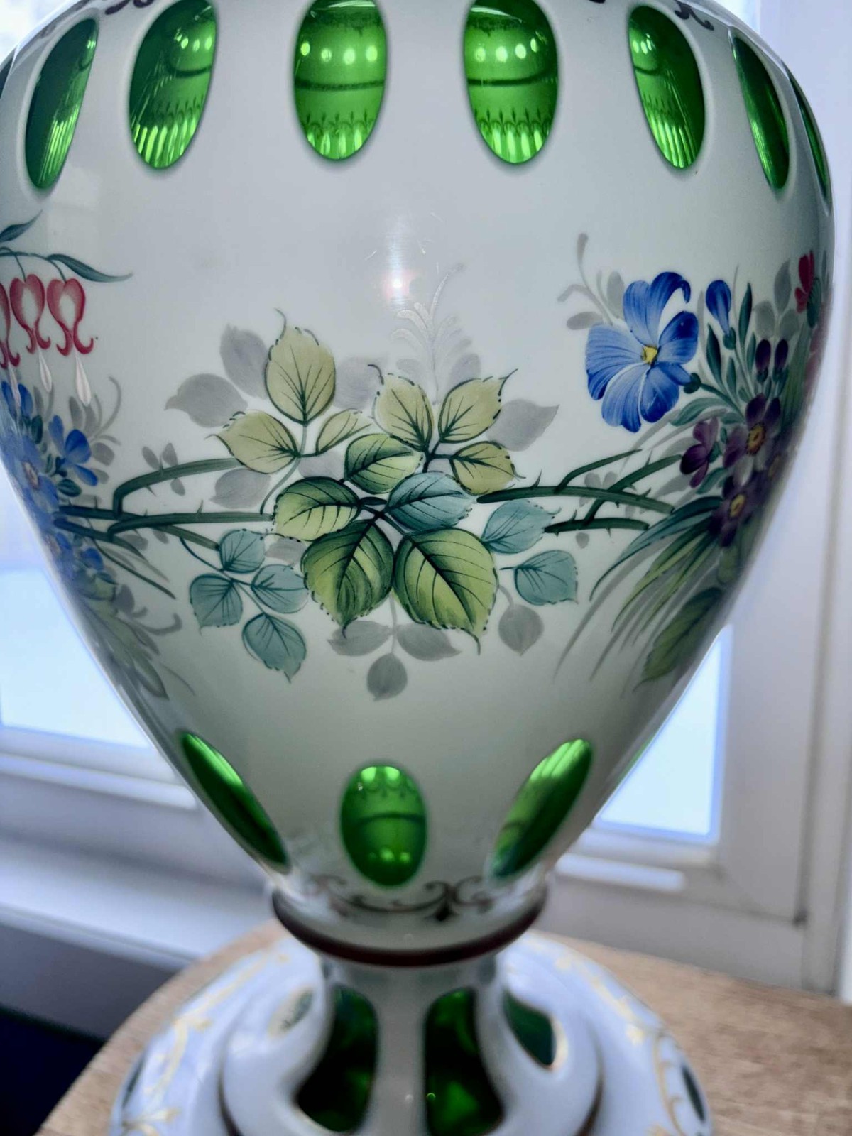 White & Green Glass Hand Painted Floral Vase Glossy Decorative Multicolor