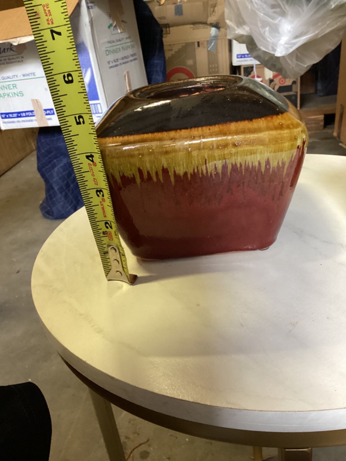6.5” Sqaure by 4” Tall Glazed Pottery Container with Metal Insert Planter Pot