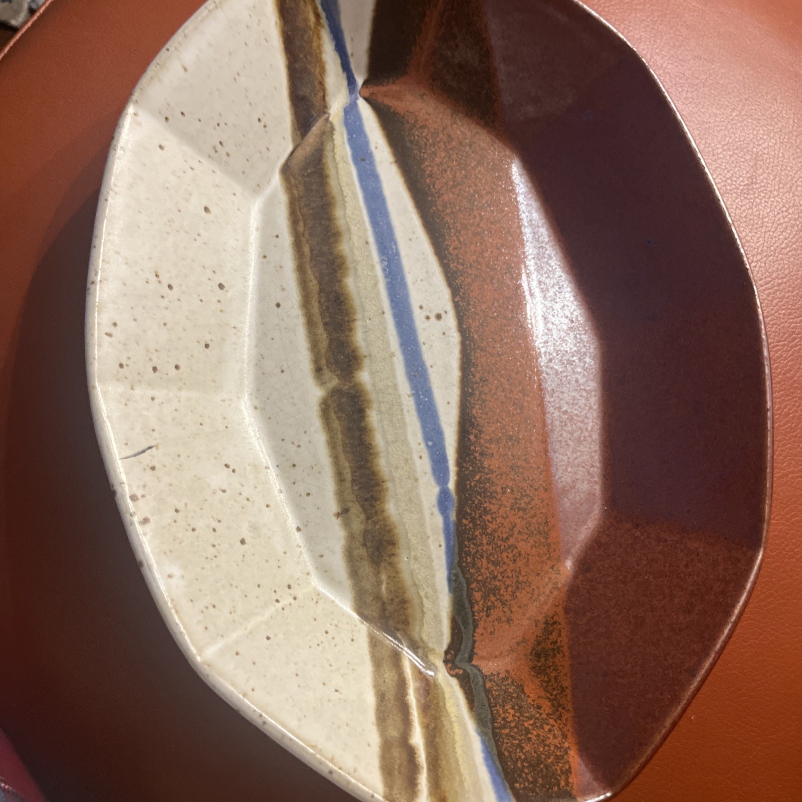 Pottery Ceramic Dish Platter Tray Abstract Tan Ben Beige Blue Decorative Shape