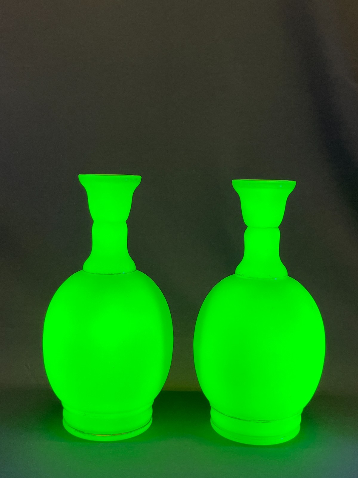 2 ~ 19th C. French Opaline Satin Uranium Glass 9″ Bottle Vases
