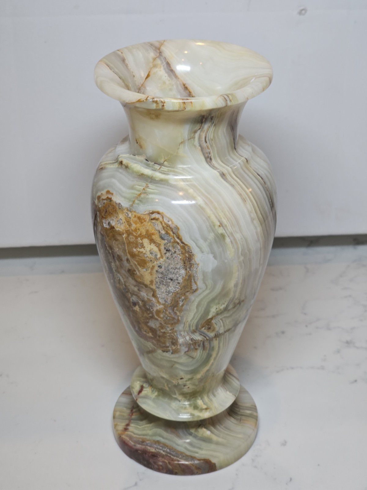 Vintage Onyx Stone Vase Onix Brown Gold White Marble Flower Decor 8″T
