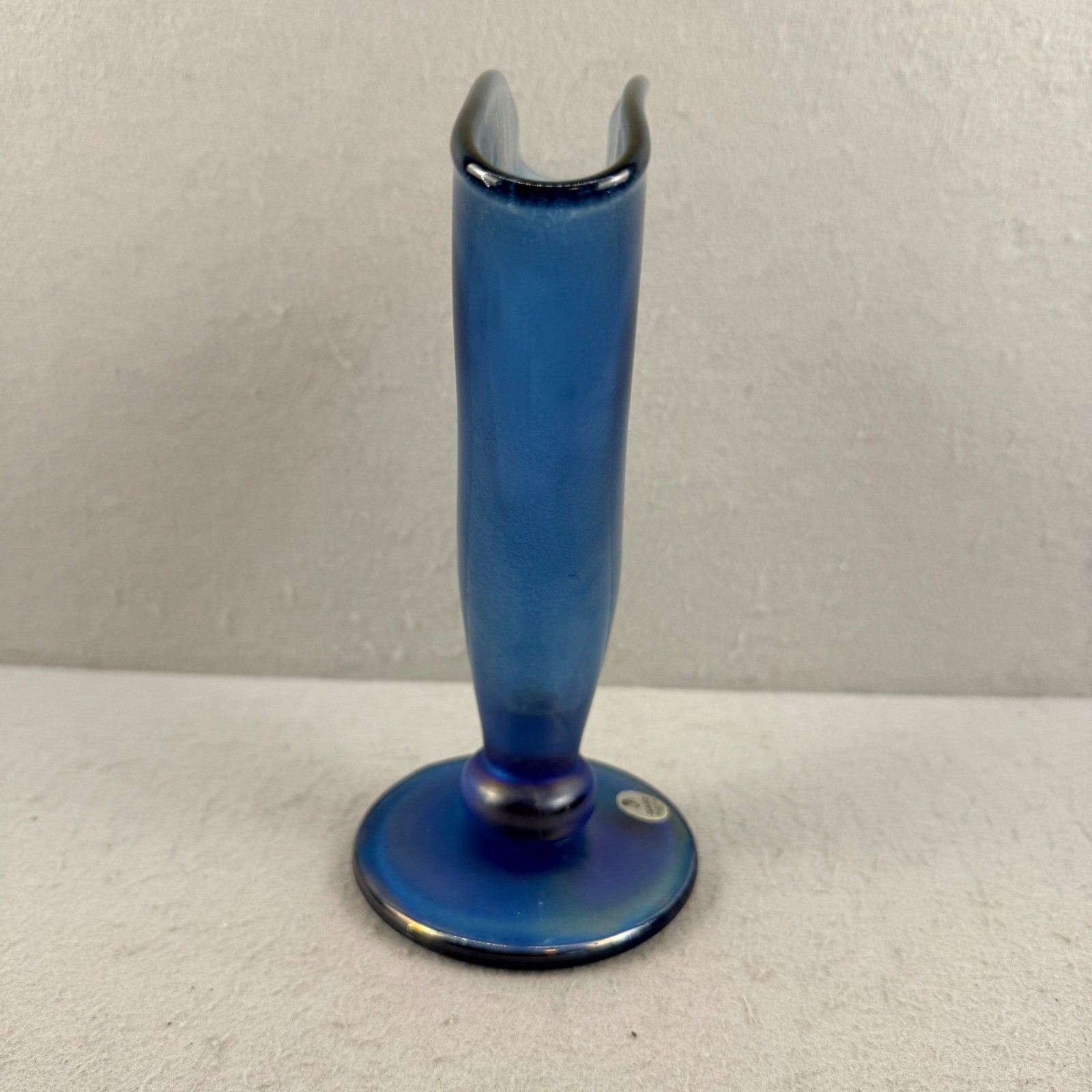 Fenton MMA Blue Satin Iridescent Stretch Glass Fan Vase Handmade in USA 8 Inch