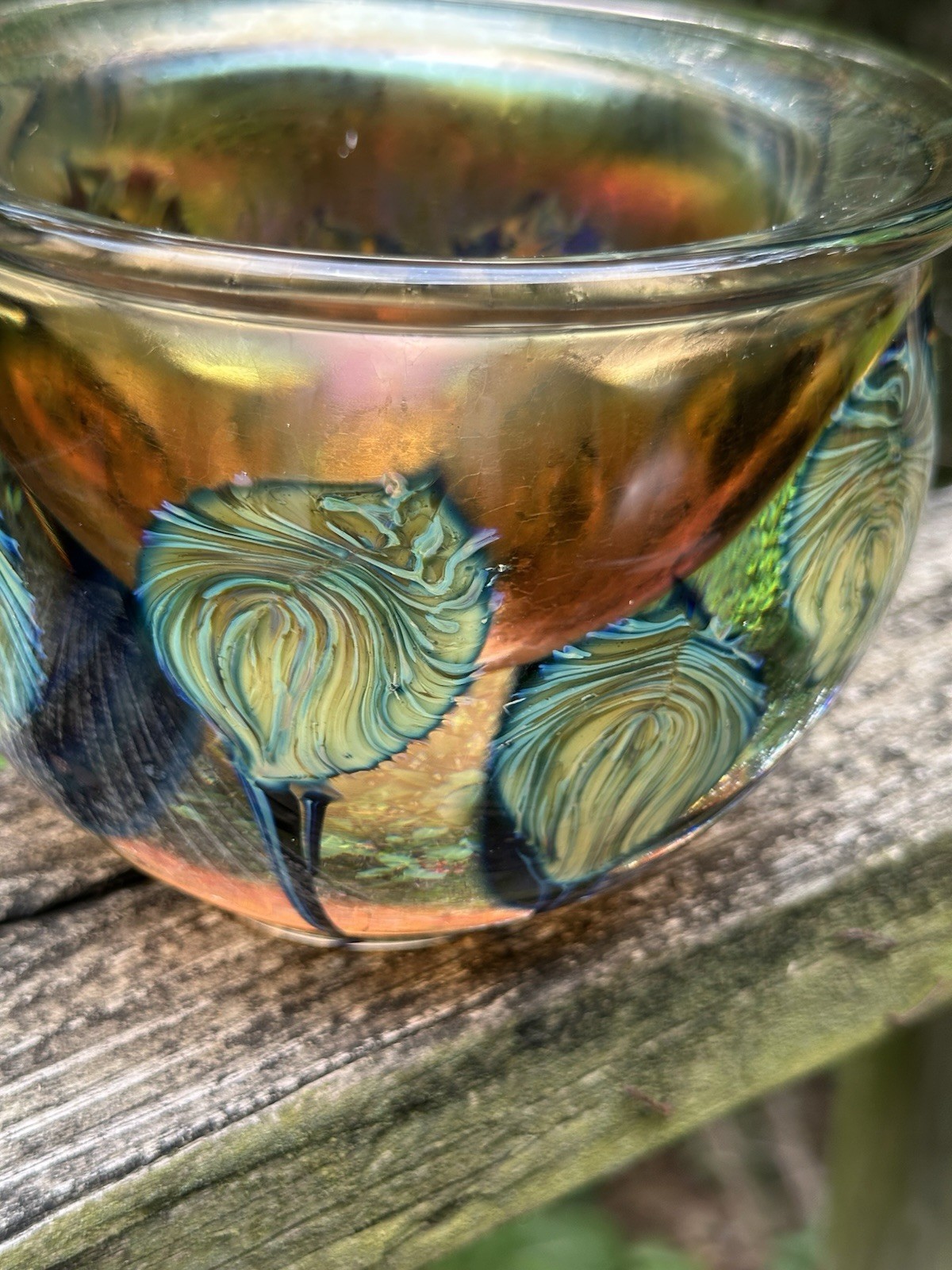 David Lotton Art Glass Design Amber Signed 2006 Blue Thistle Bowl Vase 4.5X5.5