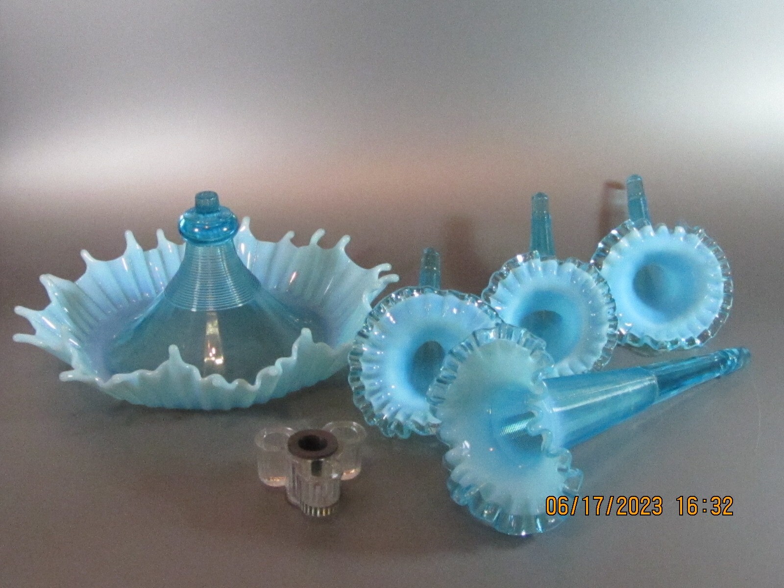 Vintage Mold Blown Ribbed Opalescent Blue Glass Fenton Large Epergne Four Horn