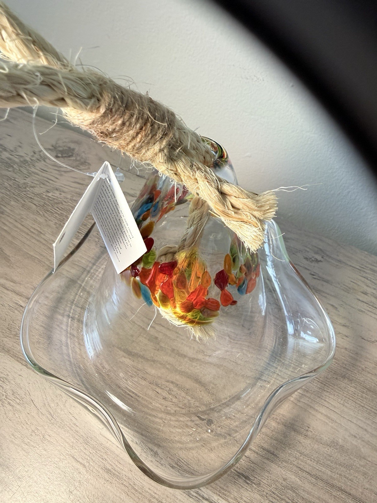 Hand Blown Art Glass Bell Ornament Clear Multicolor Swirls Ruffled Edge Rope