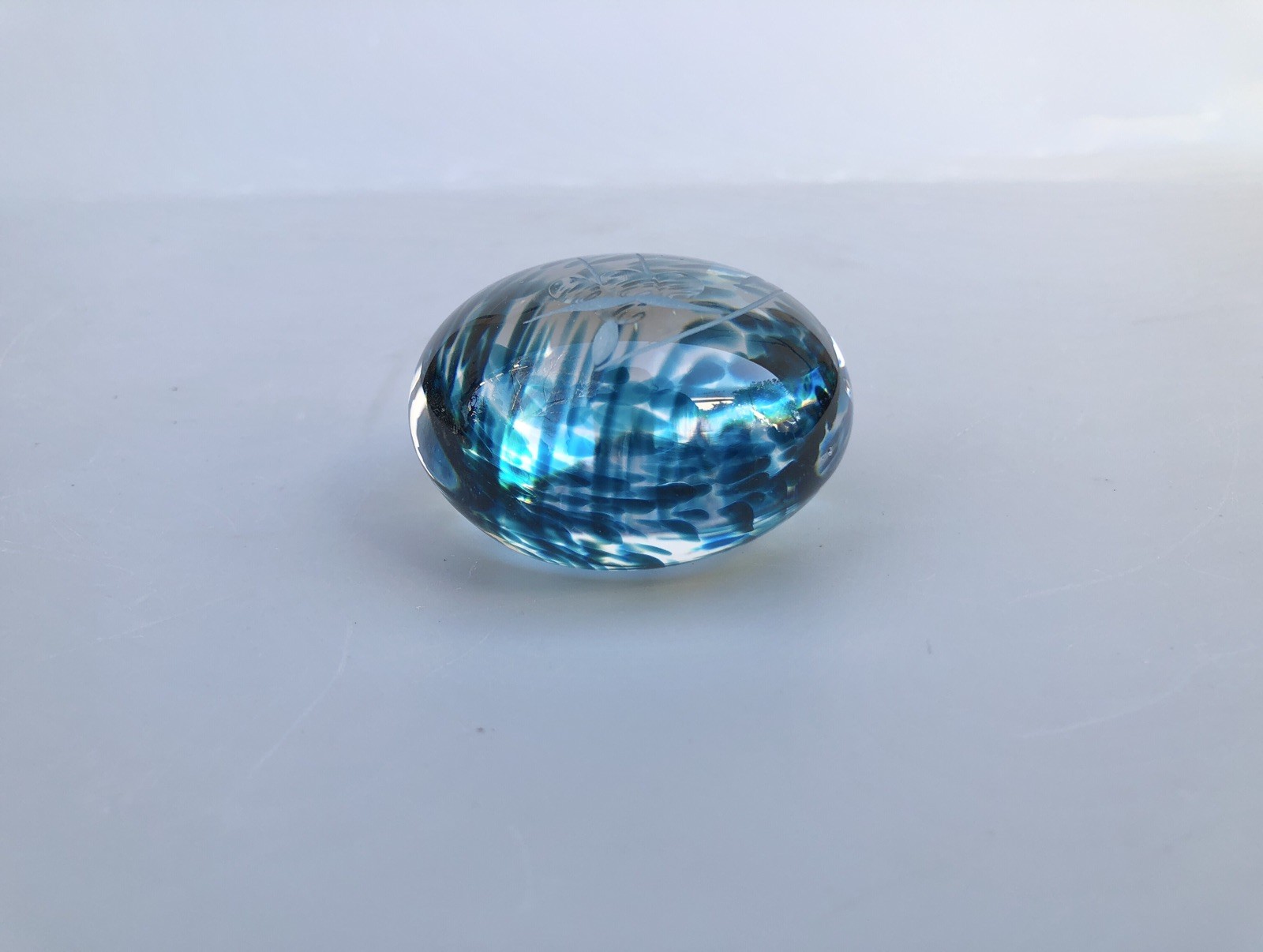 IHG Waterford Small Blue Swirl Incised Glass Button Paperweight
