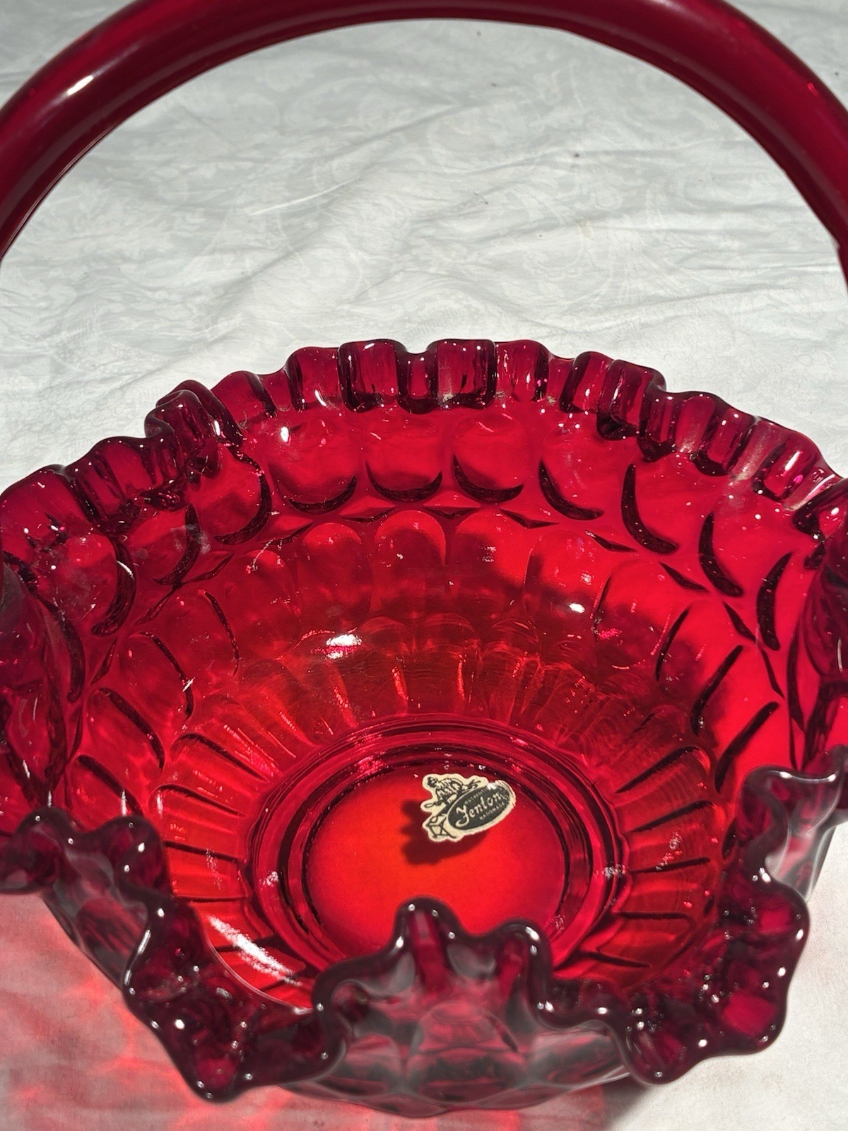 Vintage Fenton Glass Ruby Red Thumbprint Ruffled Colonial Handle BASKET 8.5″