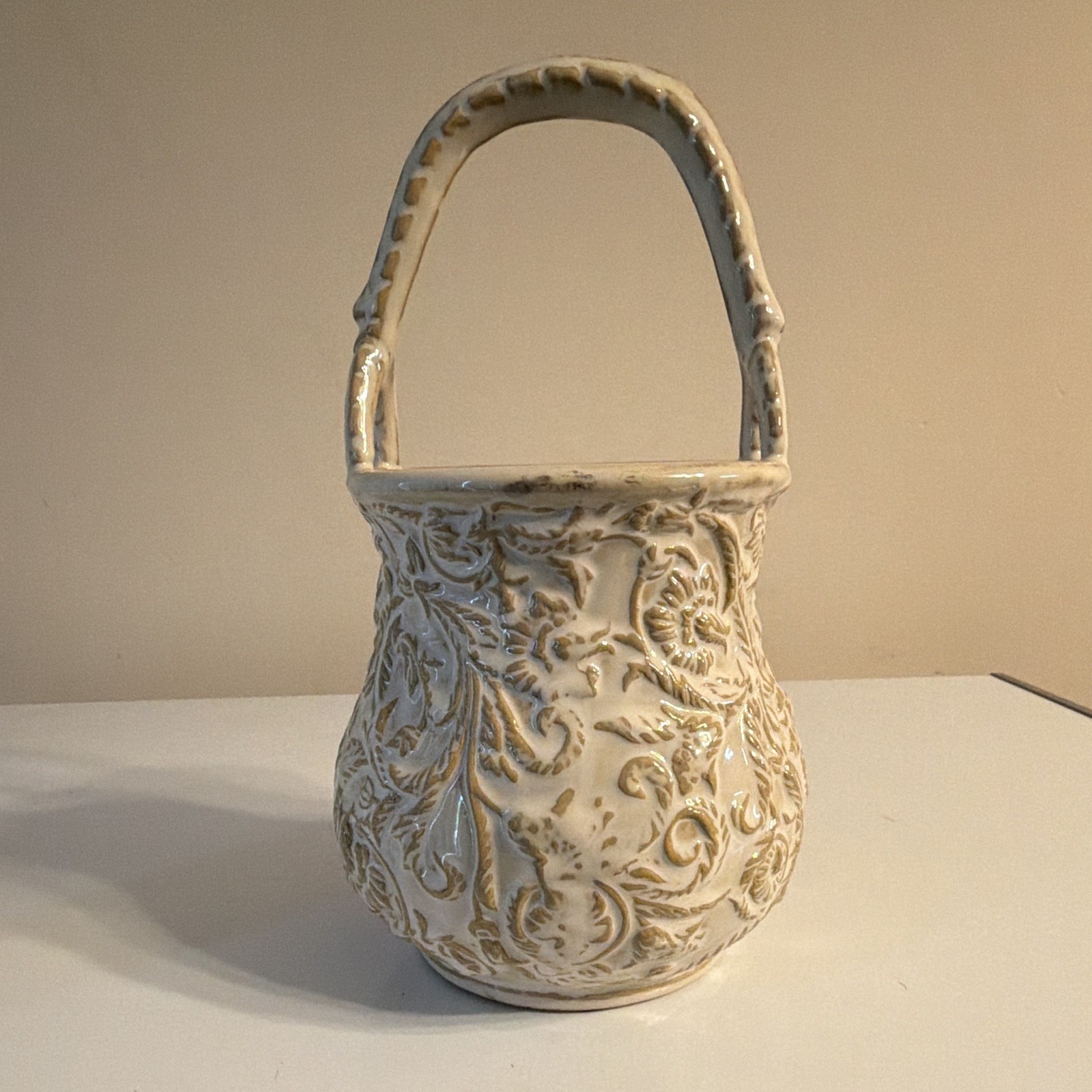 Umbria Ceramic Floral Embossed Decorative Basket Handle White/Beige 9” 9702