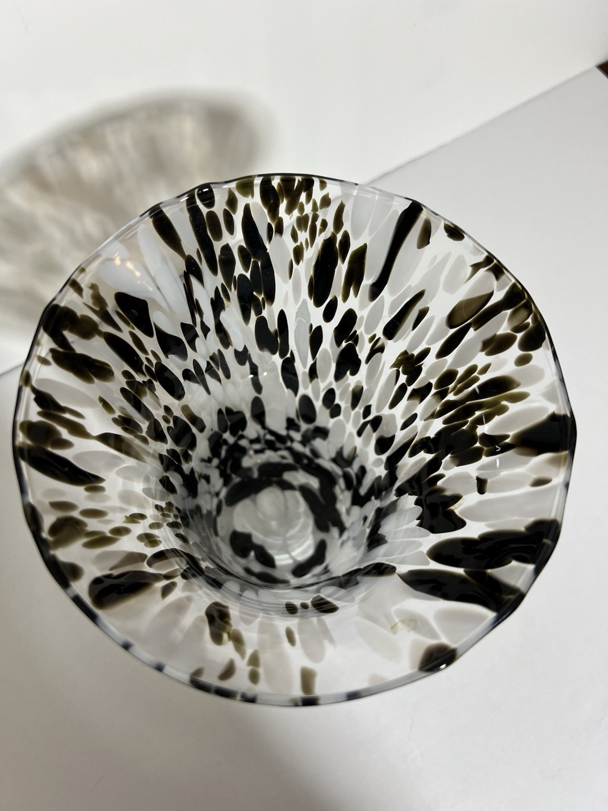 Vintage Hand Blown Art Glass Vase Black White Spatter Confetti Flared 7”
