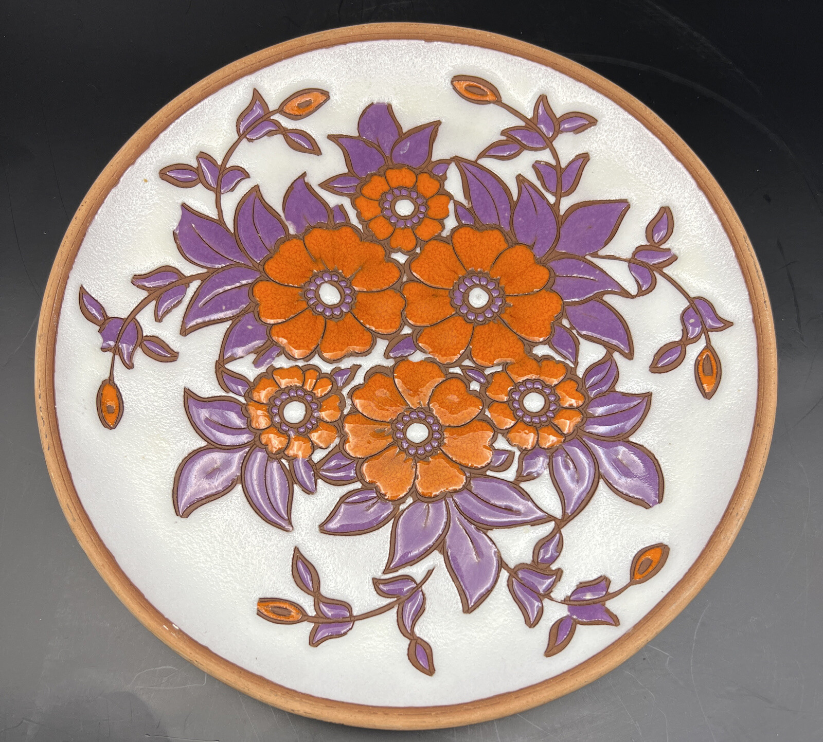 Hand Made Plate Greece Boho Original Pottery Orange Flowers Purple Leaves. 8.5”
