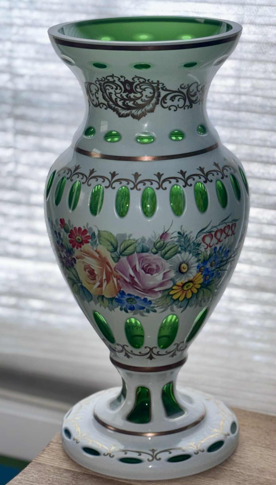 White & Green Glass Hand Painted Floral Vase Glossy Decorative Multicolor