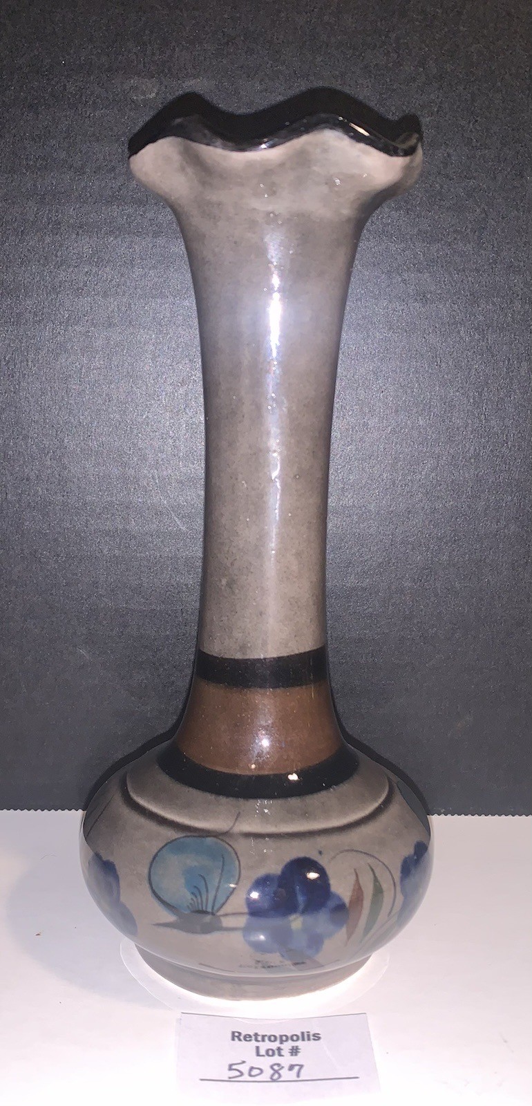 Mexican Folk Art Pottery Tonala Gray Hand Painted Floral Vase 7”