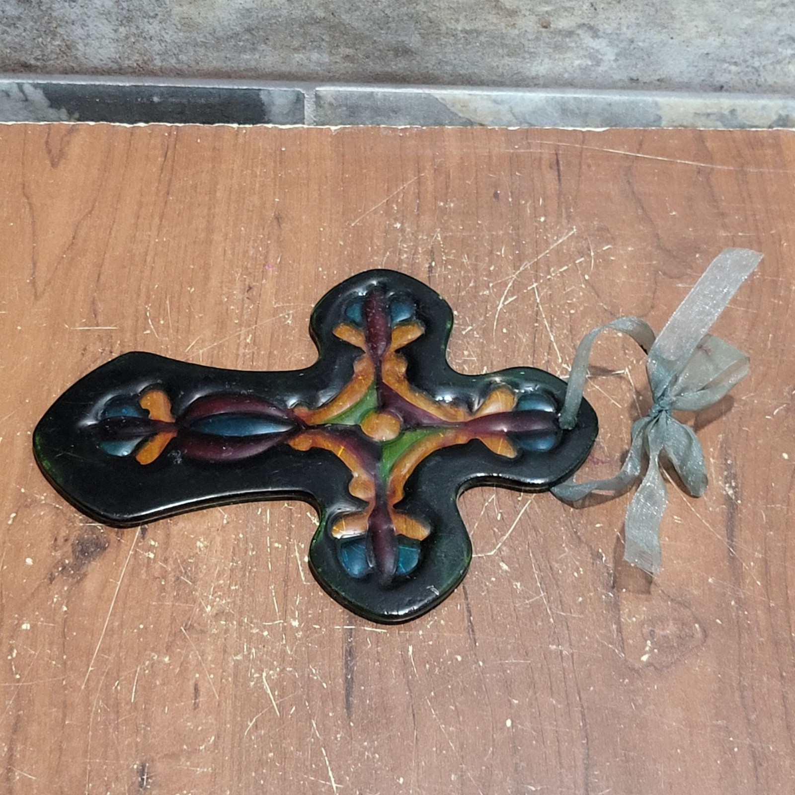 Handcrafted Fused Colored Glass Cross Ornament