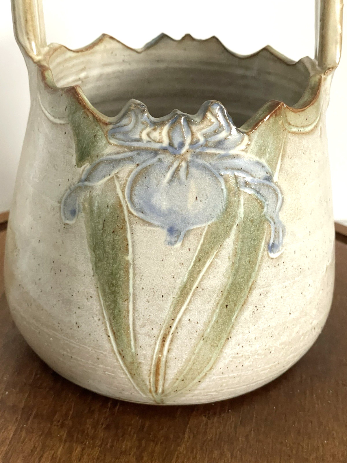 Vintage Pottery Blue Iris Basket Vase Artis Signed 8 Inches Tall Decorative