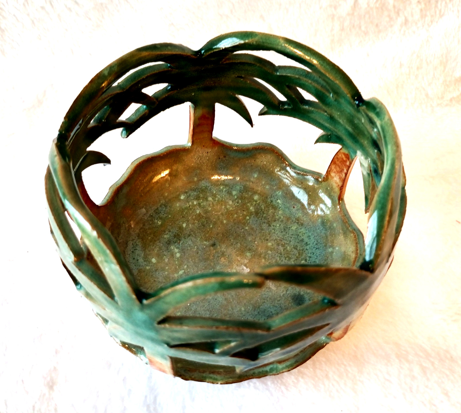 Art studio Pottery Palm Trees Motif Votive Candleholder Artist Signed Stoneware