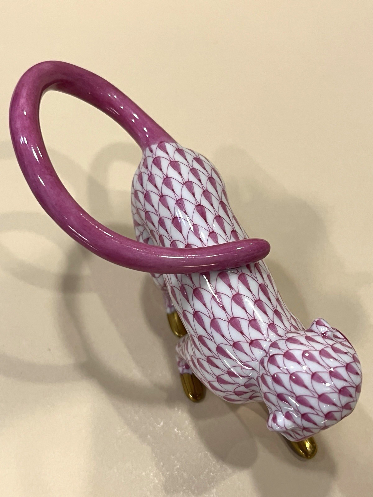Herend Figurine Monkey Walking Raspberry Pink Fishnet