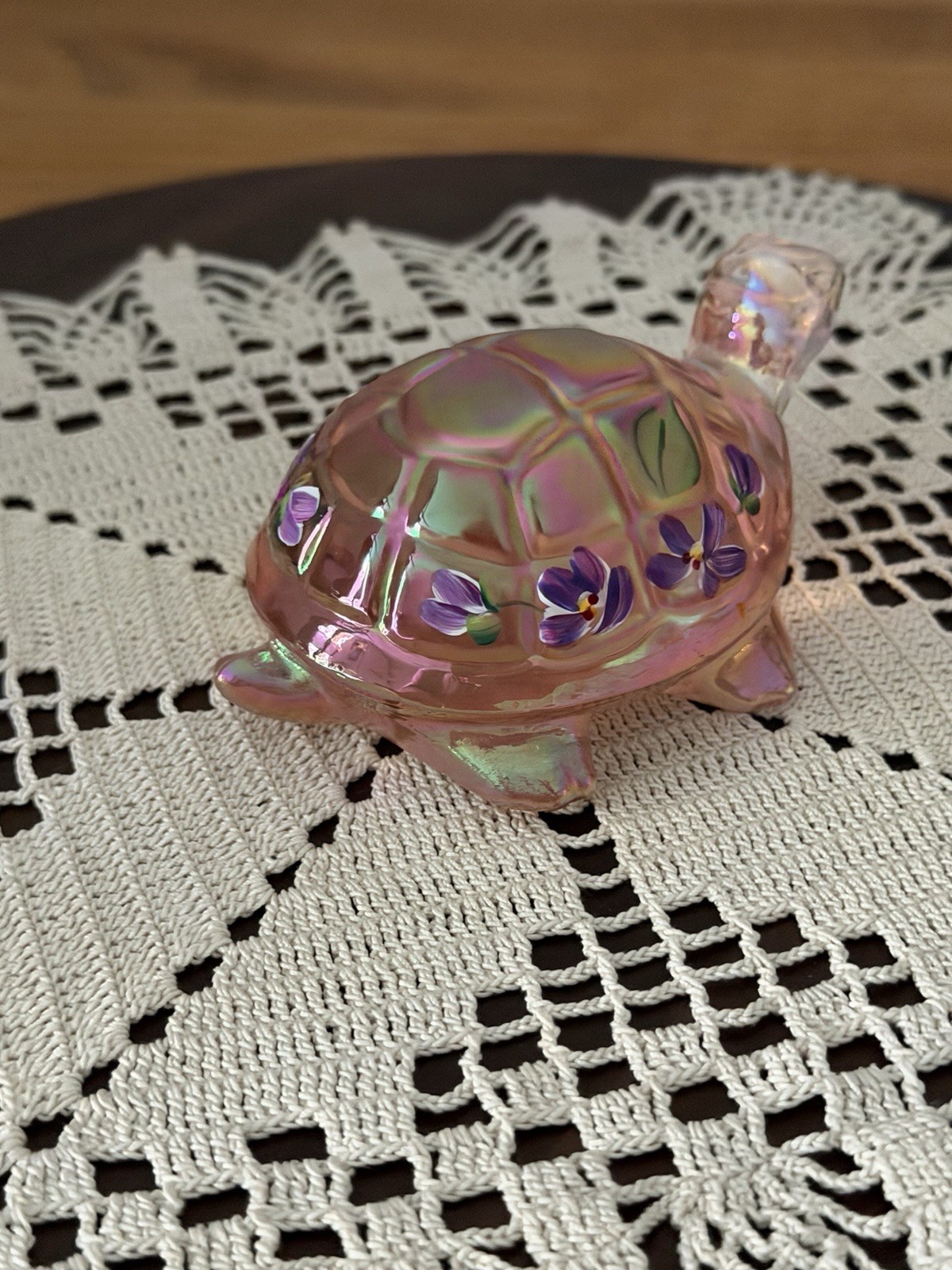 Fenton Lenox Sunset Pink Iridescent Hand Painted Turtle Figurine J Powell