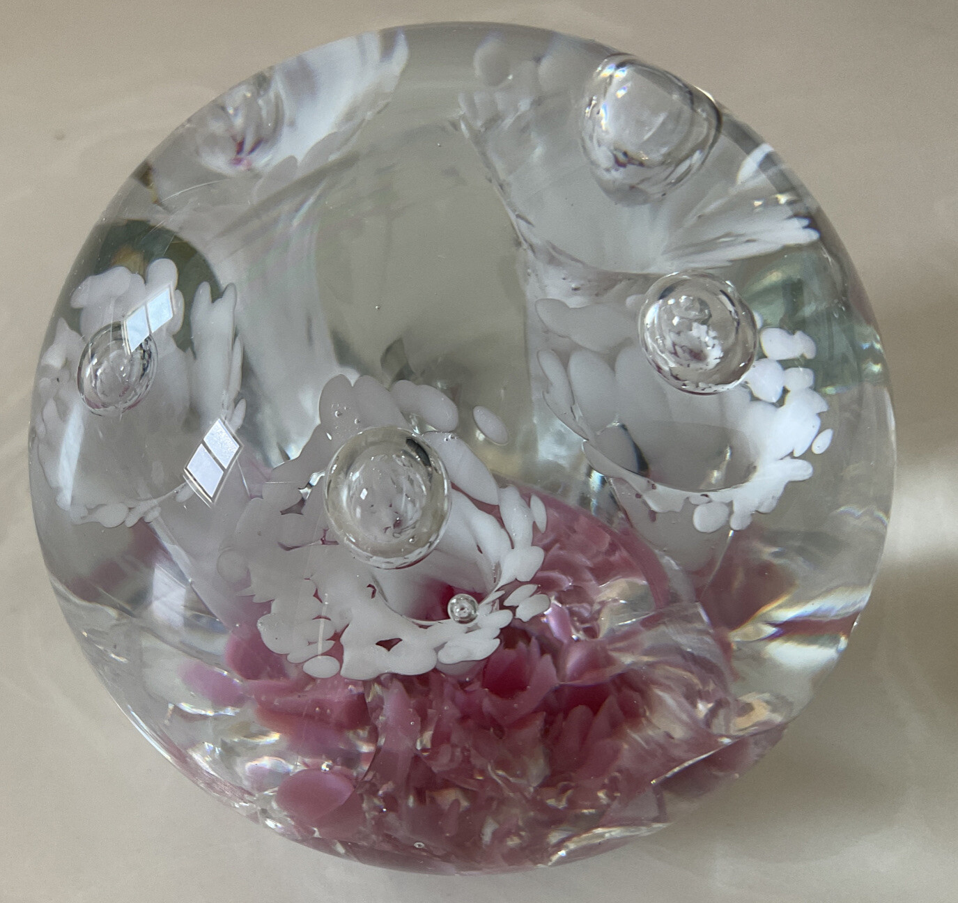 Elwood Pink White Trumpet Flowers Controlled Bubble Art Glass Paperweight AS IS