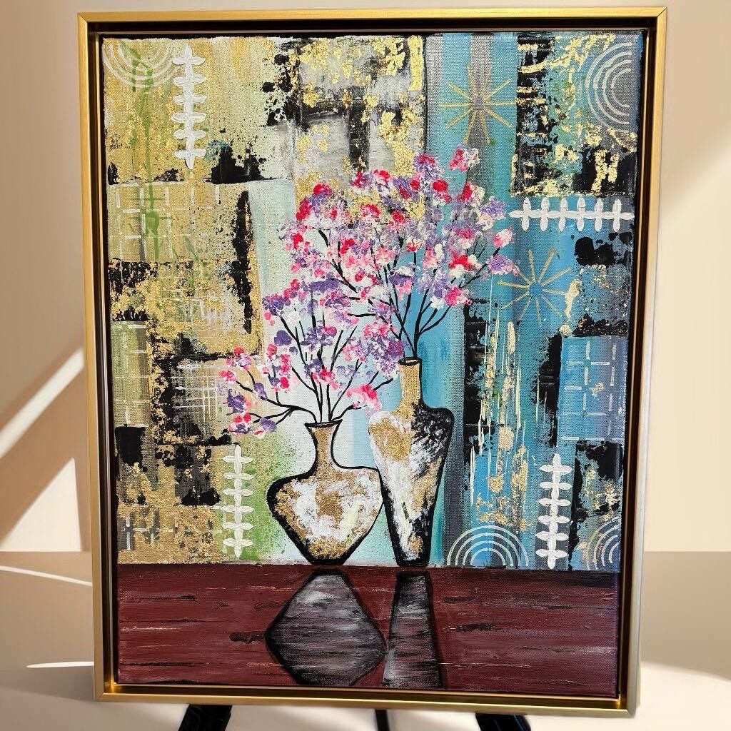 Golden Blossoms in Harmony – Textured Abstract Vase Art