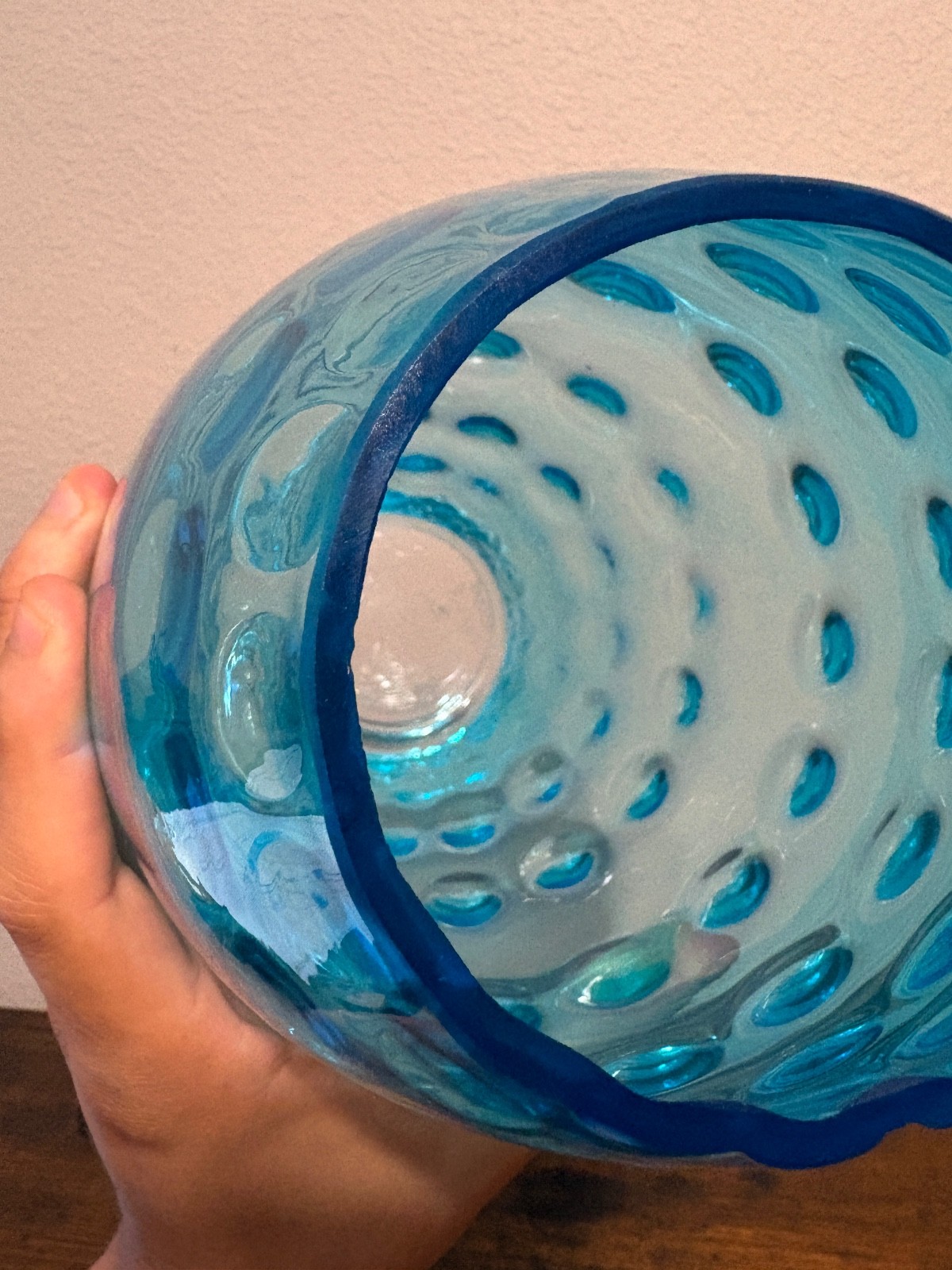 VTG MCM Sklo Union Blue 11.75″H Olives Dot Optic Art Glass Vase