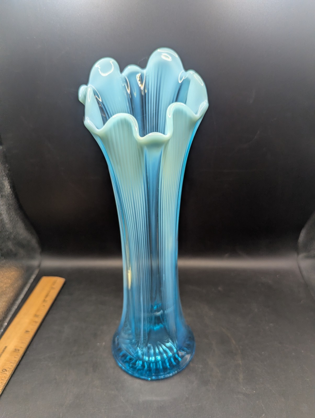 Antique Jefferson Glass 12 ” Lined Heart Blue Opalescent Swung Vase C 1900-1910