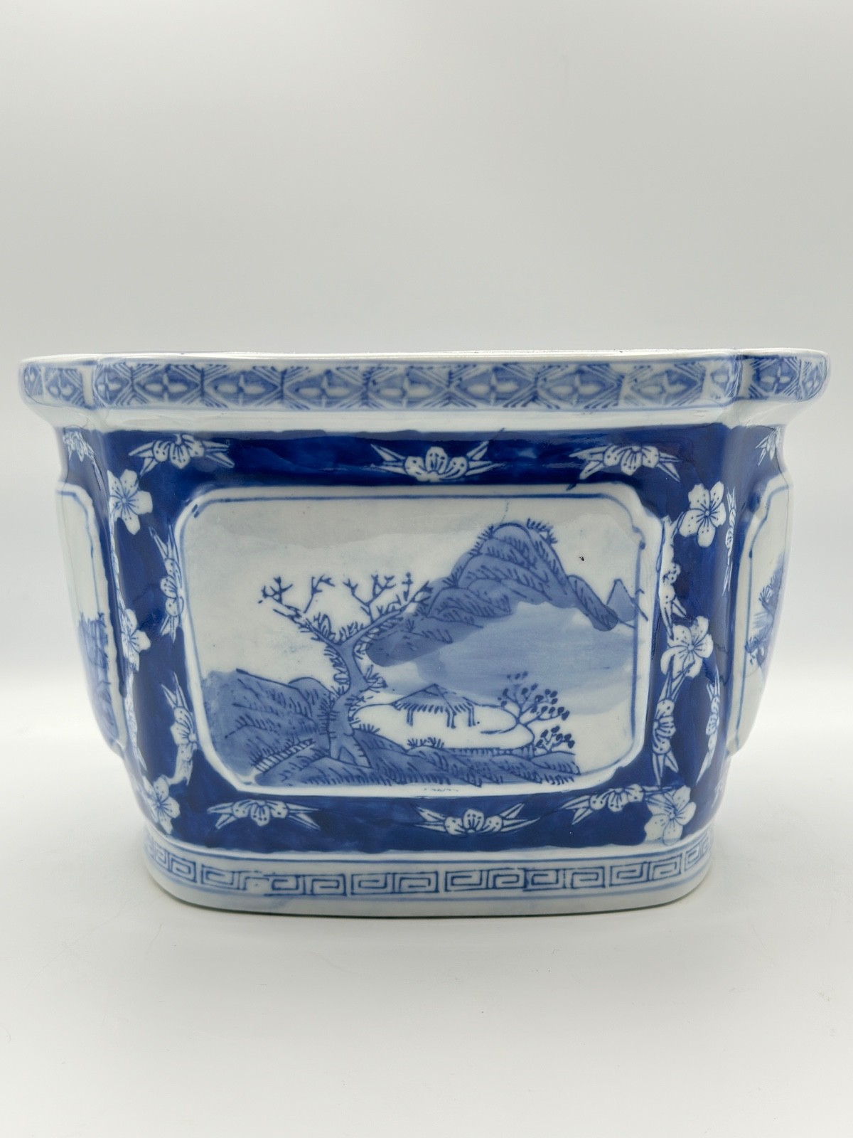 Blue White Chinoiserie Ceramic Bonsai Planter Cachepot Jardiniere 9.75″×6″