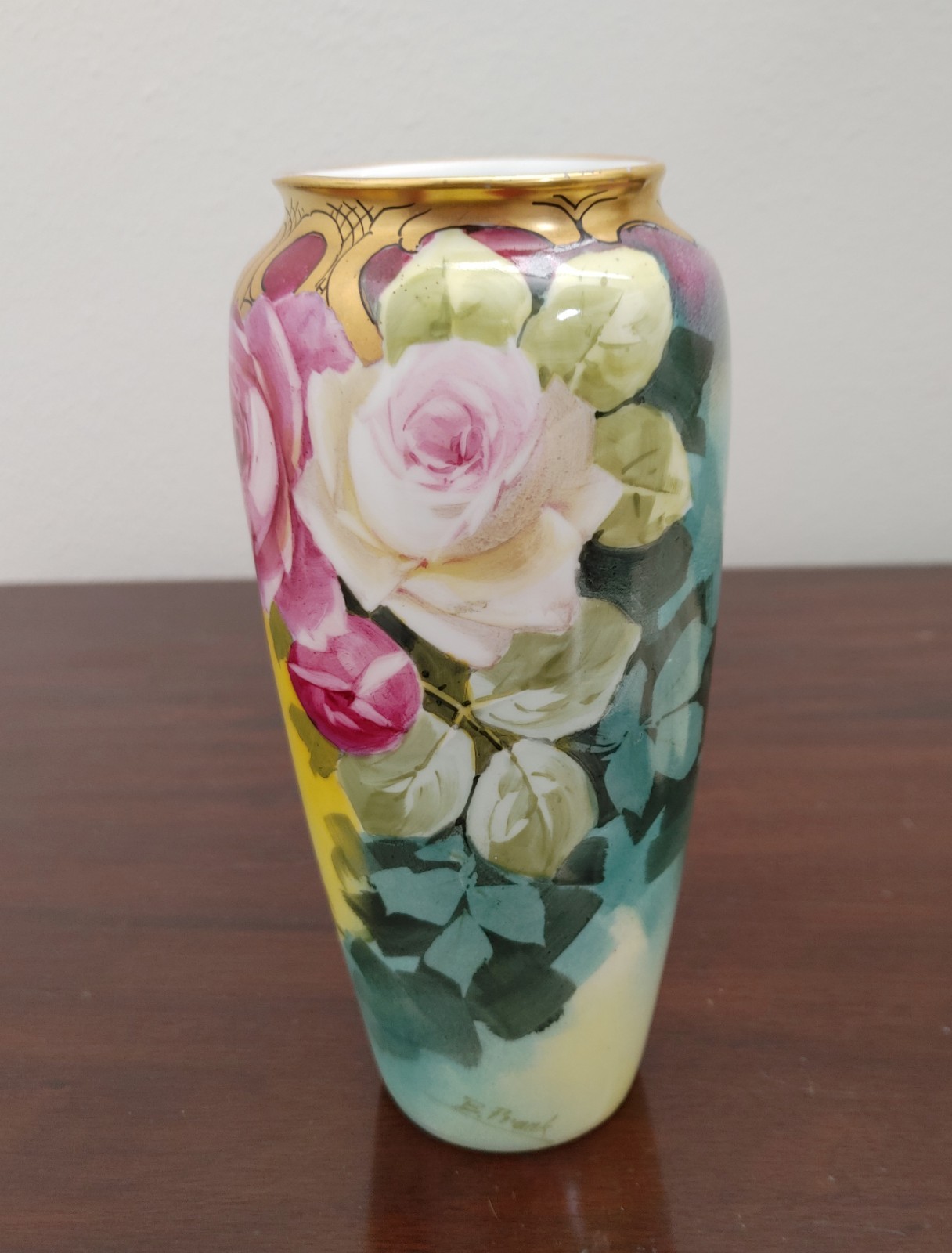 Pickard H.P. Pink and White Roses Vase- artist signed “B. Frank”