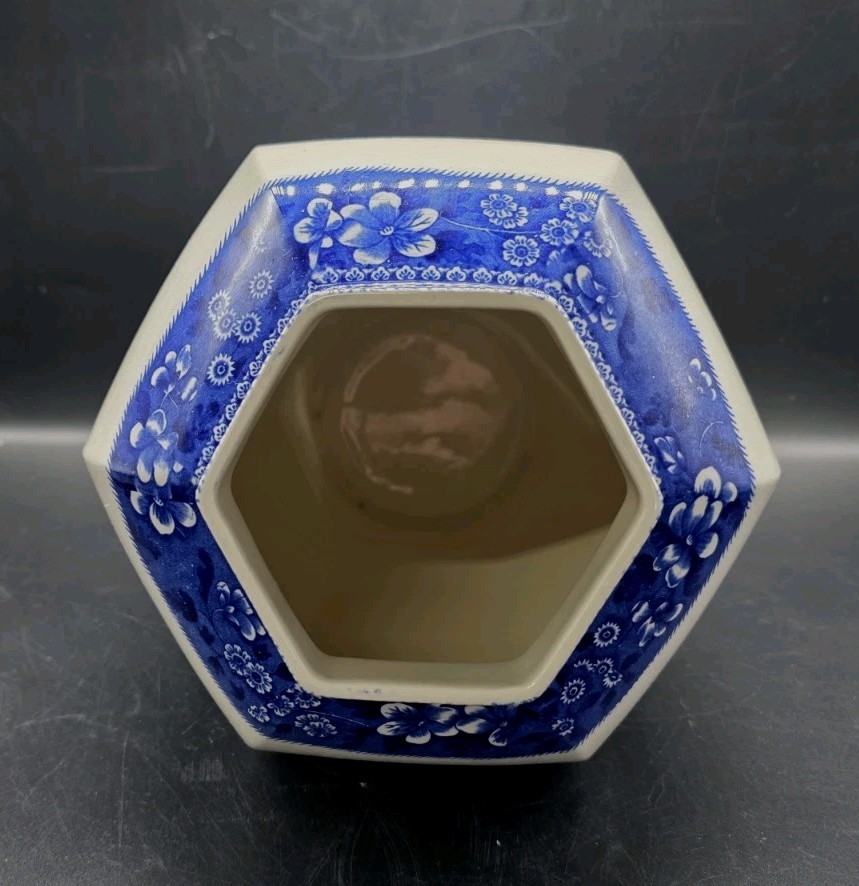 Vntg SPODE England Blue Tower Octagonal Ginger Jar Vase NO LID 11¼x8″