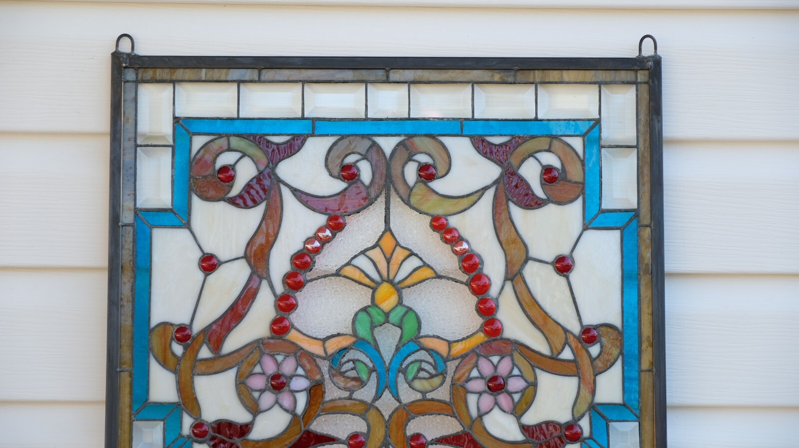 20.5″W x 34.5″H Handcrafted Jeweled stained glass window panel.