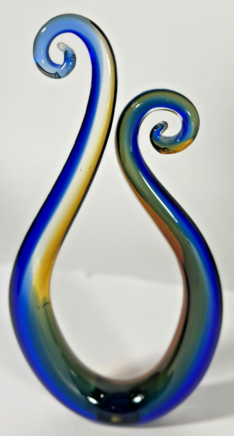 Vtg Glass Sculpture Blue Amber Murano Style Blown Glass Abstract Art Decor