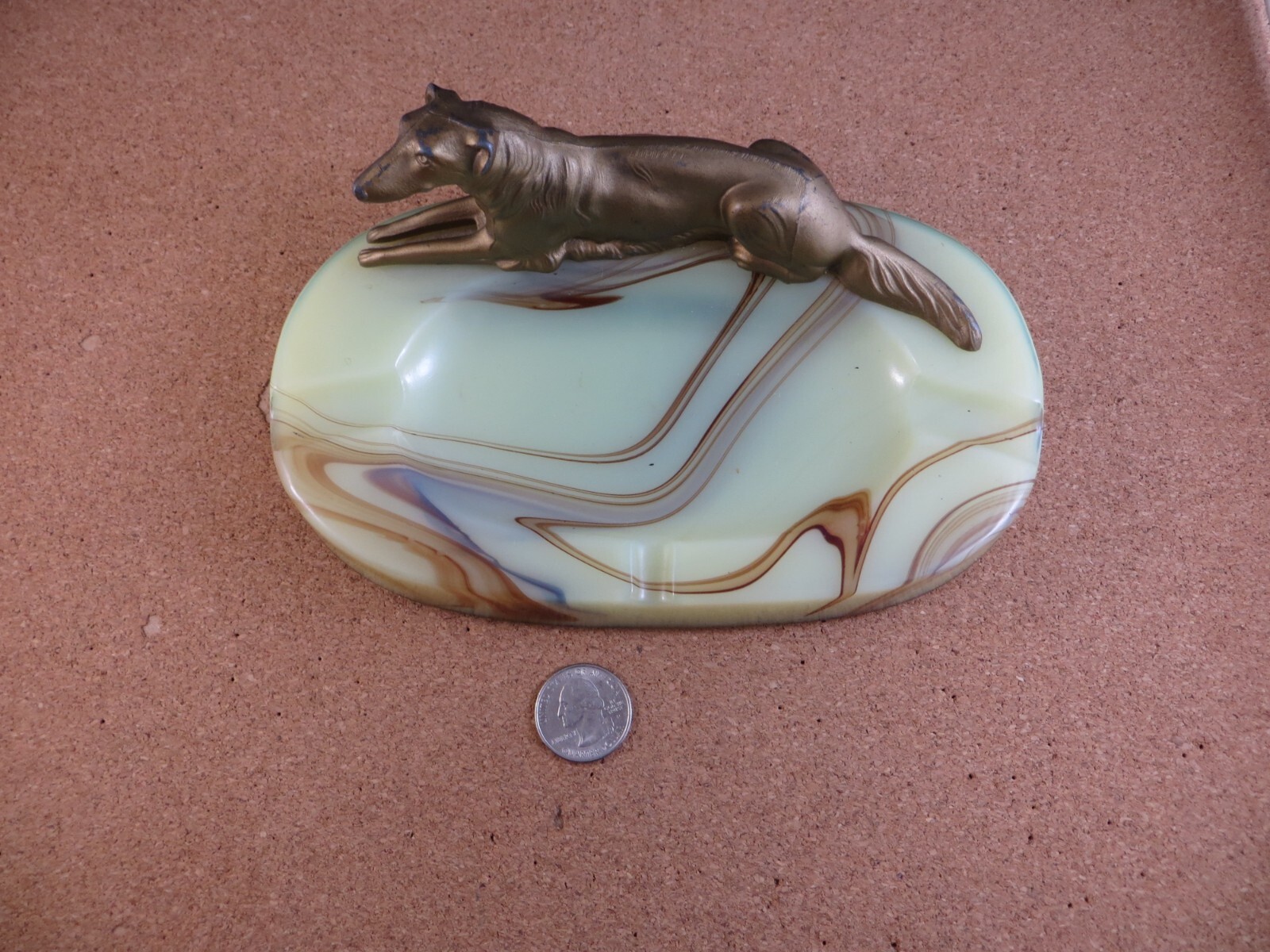Antique Bronze Enamel Metal Borzoi Dog Figurine Swirl Stripe Slag Glass Ashtray