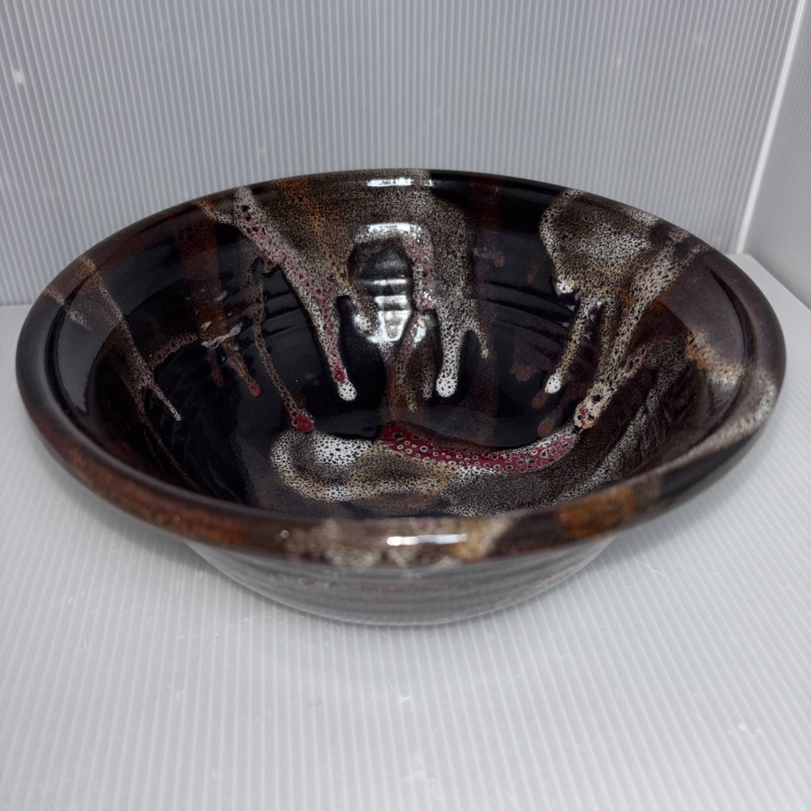 Rare Earth Pottery Bowl Drip Glaze Browns, Red, White 8” x 3.5”