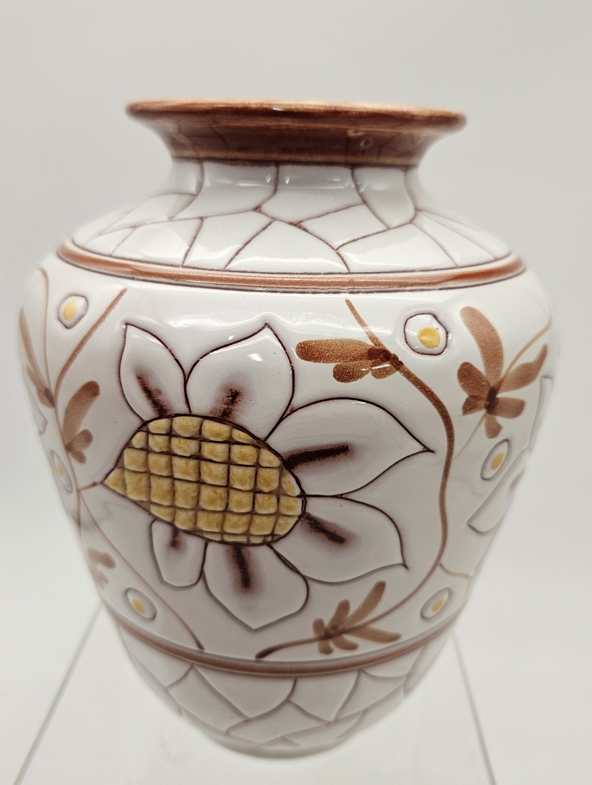 Vintage Norway Studio Art Pottery Vase 1971 White Brown Yellow Floral