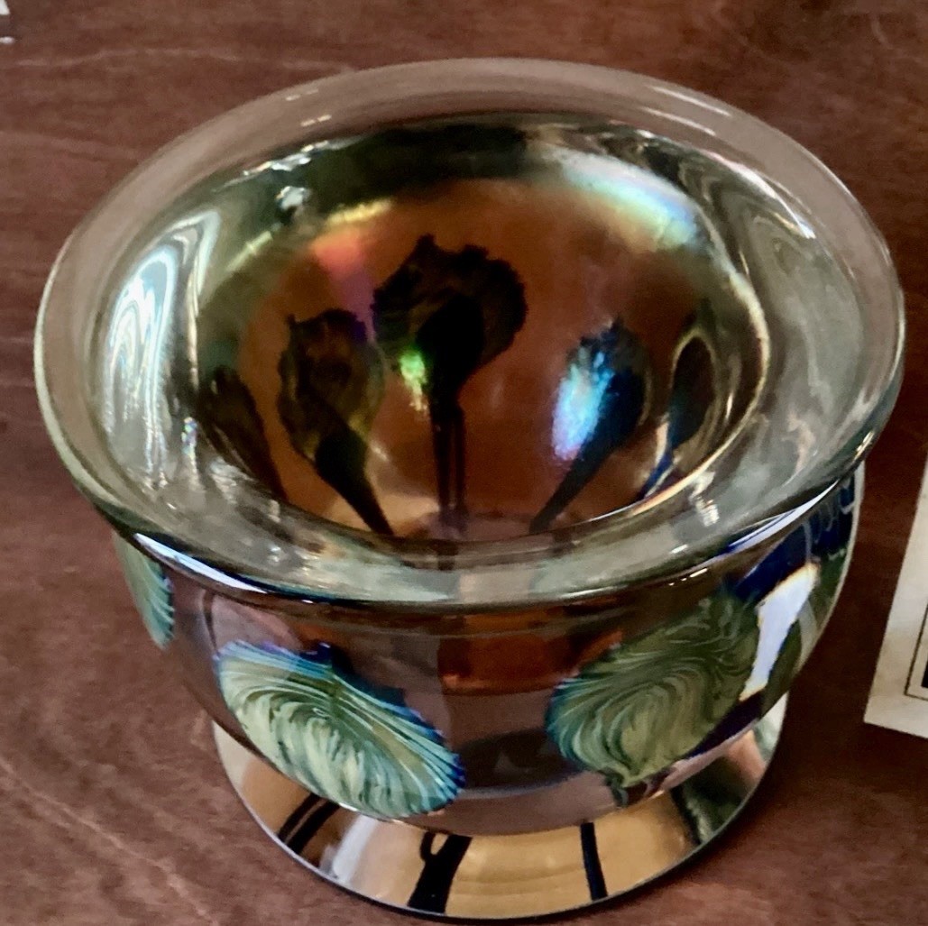 David Lotton Art Glass Design Amber Signed 2006 Blue Thistle Bowl Vase 4.5X5.5