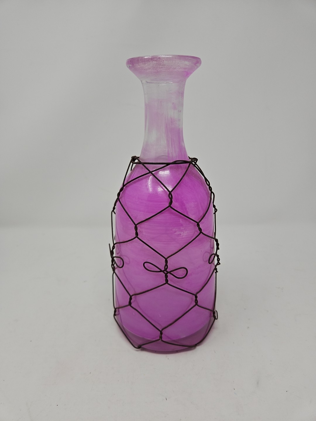 Pink Flashed Glass Bottle Vase In Wire Wrap