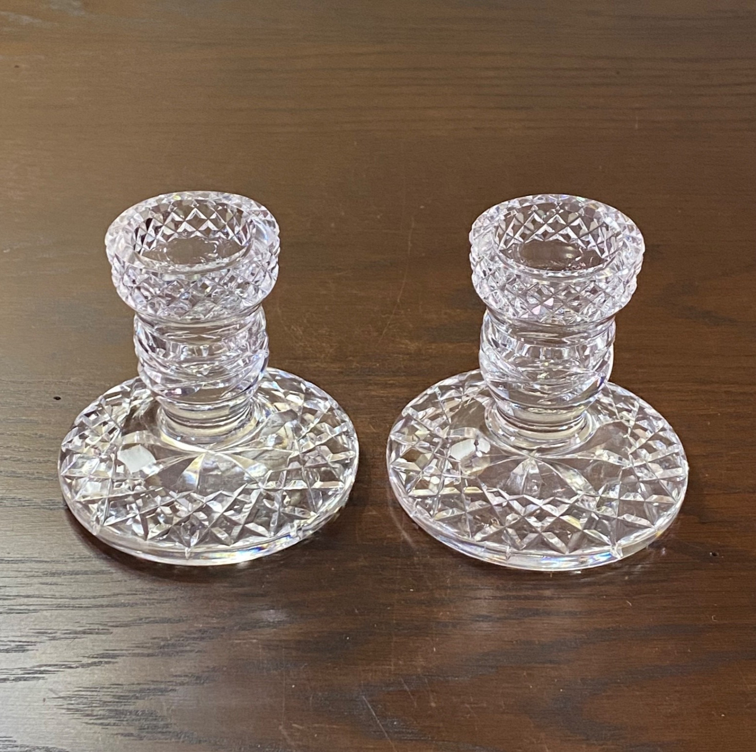 Pair of Waterford Glandore Crystal 3 3/8″ H Candle Holders Candlesticks ~ Signed